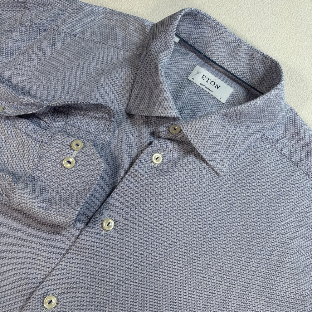 Eton Dress‎ Shirt Men's 46 18 Blue Texture Signature Twill Cotton Button Up